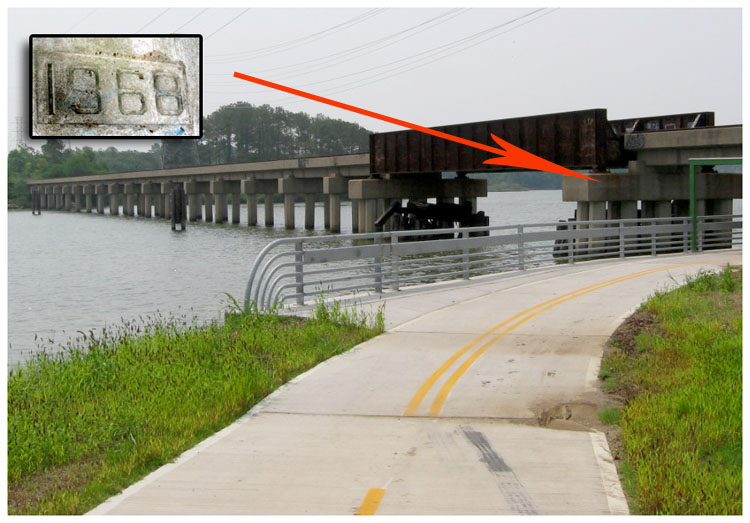 1968 marker on railroad crossing structure Goose Creek Trail