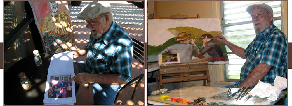 Ken shows Baytown Bert his artwork at Starbucks on Garth Road July 2008 / Ken paints a young couple sitting on the banks of Goose Creek, circa 1930's.